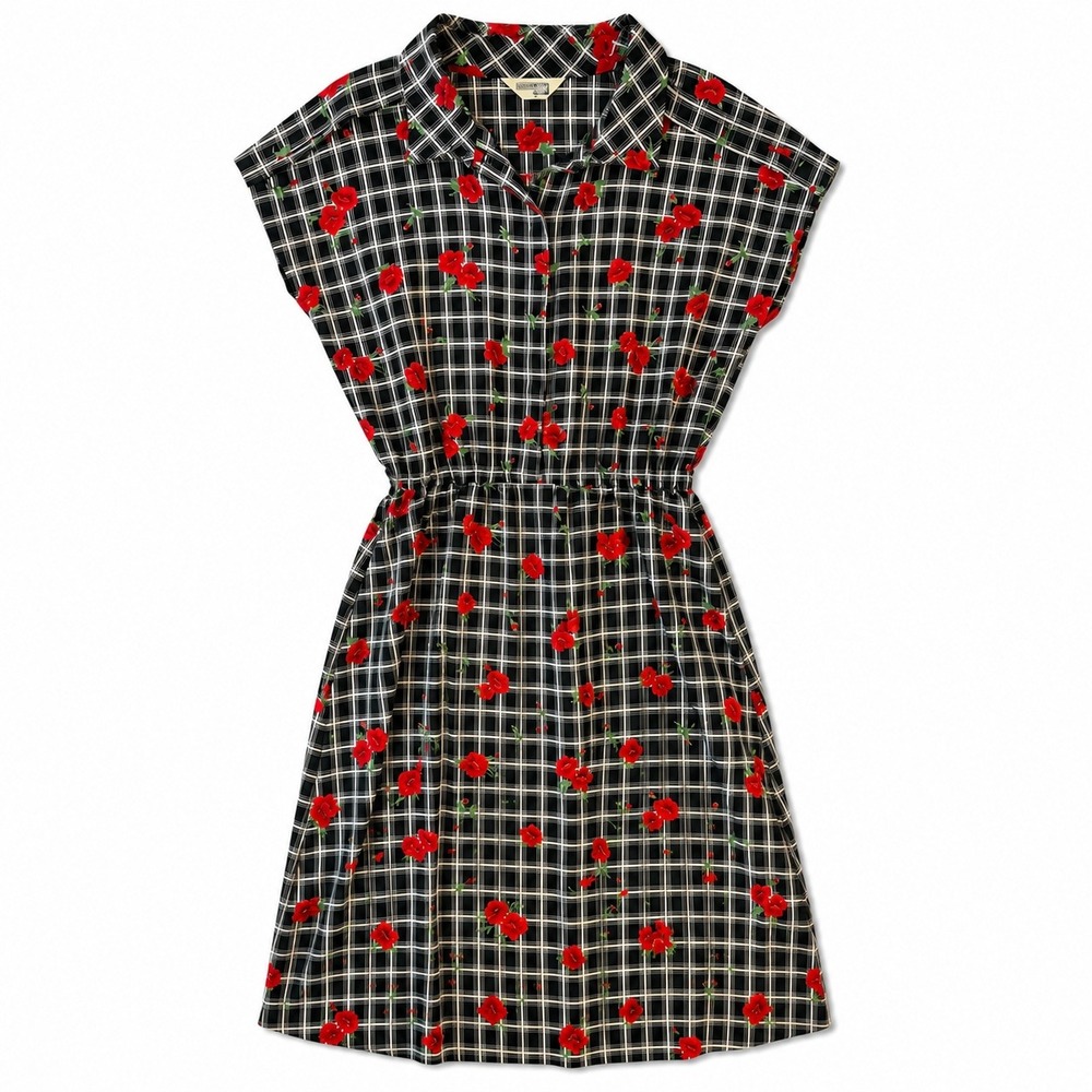 Vtg 1970s Sears The Fashion Place Plaid Poppy Floral‎ Midi Black Red Maximalist